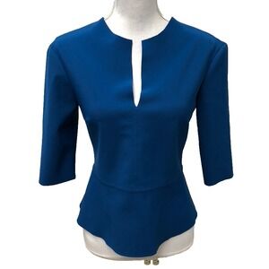 M2057 Maria Pinto Peplum Blouse Top Womens Small Blue Professional Old Money